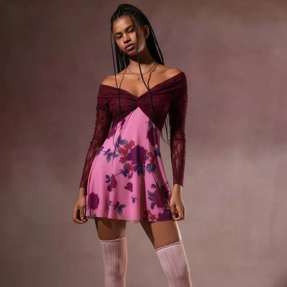 NWT UO Kimchi Blue Sydney Off The Shoulder Pink Mini Dress
